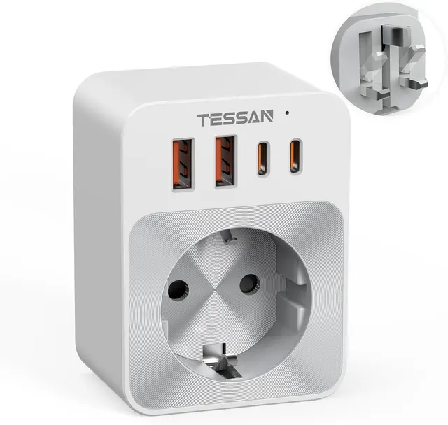 Tessan AC Plug Through 1-Gang 13A Schuko to UK Adaptor & 2xA 2xC 20W TS-TA02DEUK