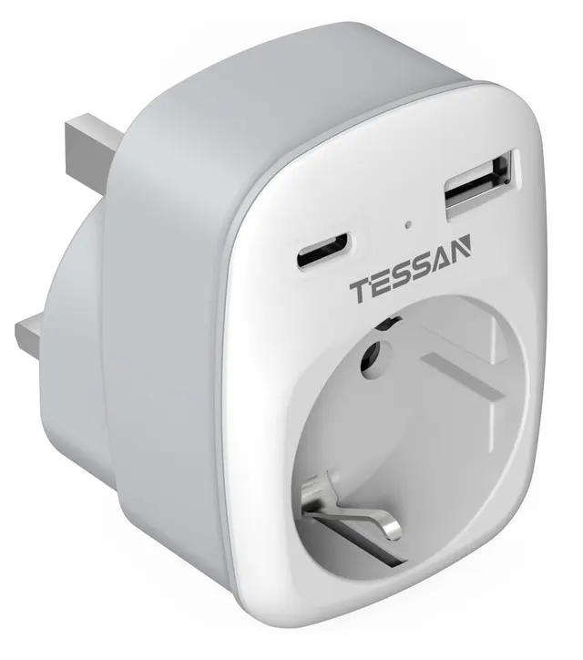 Tessan AC Plug Through 1-Gang 13A Schuko to UK Adaptor & 2xUSBA 12W TS-611-UK