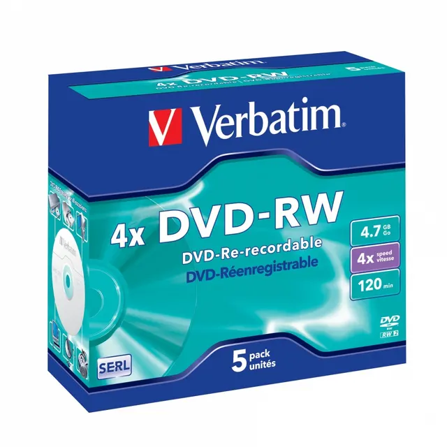 Verbatim DVD-RW 4.7GB 4X 5-Pack Jewel Case Matt Silver 43285