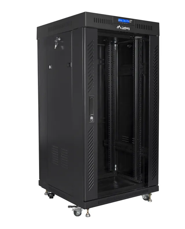 Lanberg Free Standing Cabinet 19'' with Glass Door 22U 60cm Ventilation Panel with LCD, 2 Fans & Thermostat Black (not assembled)