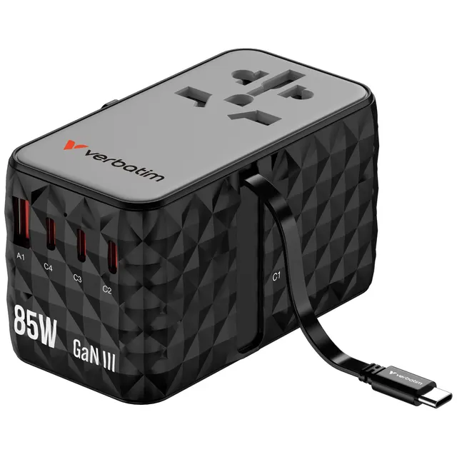 Verbatim Universal Charger Travel Adapter USB-C Retractable Cable 85W CNT-02