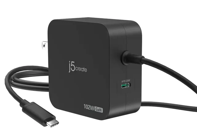 j5create Charger Wall Travel 102W GaN 2xUSB-C + USB-C Cable JUP25102V