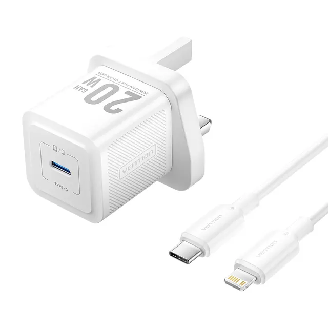 Vention Charger Wall GaN 20W 1xUSBC UK+Lightning Cable White FEPW0