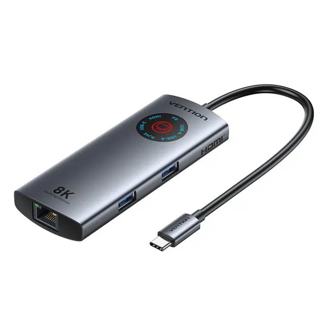 Vention HUB USB-C 3.2 Gen1/8K-HDMI/Gb/PD + LED Display & Switch TQZHB