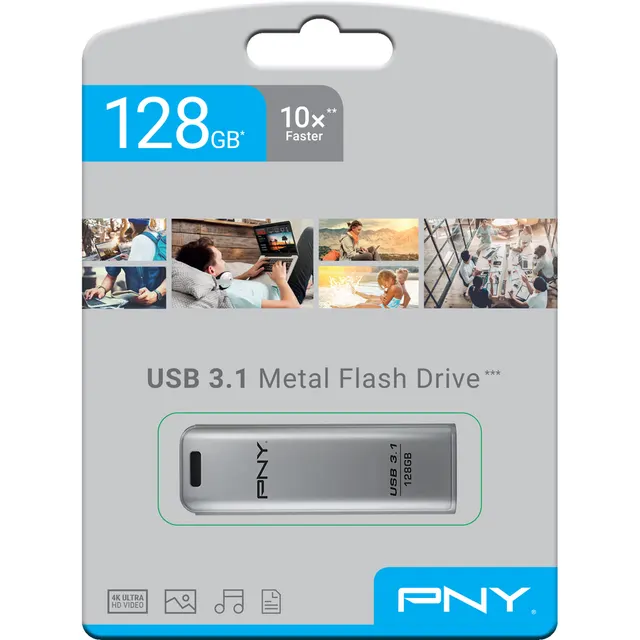 PNY Flash Drive Elite Steel USB 3.1 Stick 128GB Capless Slider Black FD128ESTEEL31G