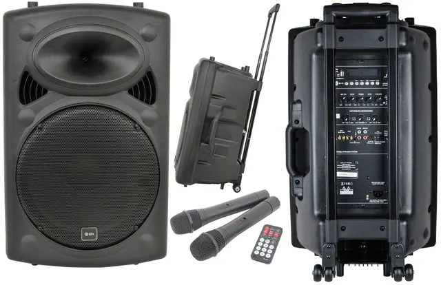 QTX QR15PA (2025) 15'' Professional Portable Karaoke & PA Speaker with 2x Wireless UHF Microphones, BT USB & FM 178.816UK