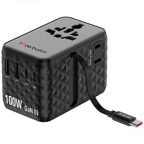Verbatim Charger Travel Adapter 100W 2xC 2xA 1xRetractable USB-C Black