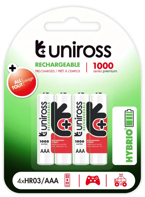 Uniross AAA 1000 Hybrio Rechargable Batteries 4Pcs