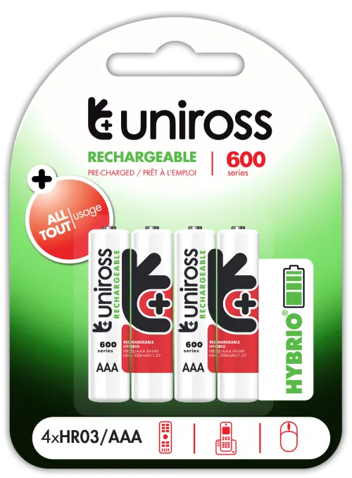 Uniross AAA 600 Hybrio Rechargable Batteries 4 Pcs
