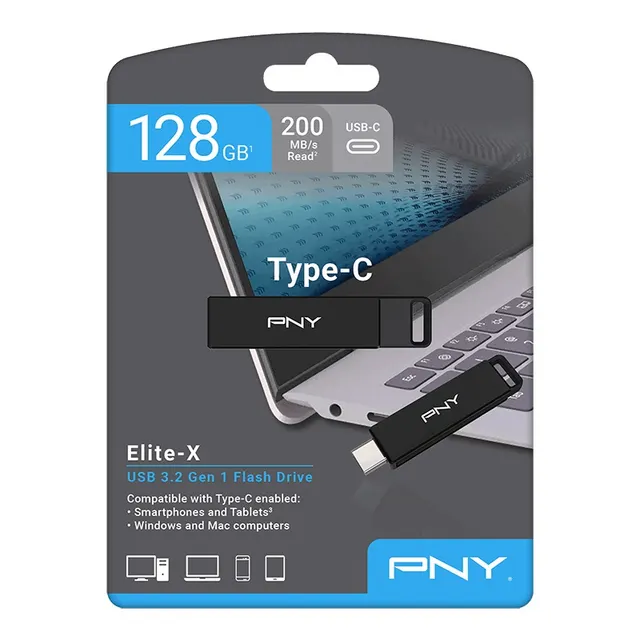 PNY Flash Drive Elite-X USB 3.2 Stick 128GB Capless Slider Black FDI128ELTXC