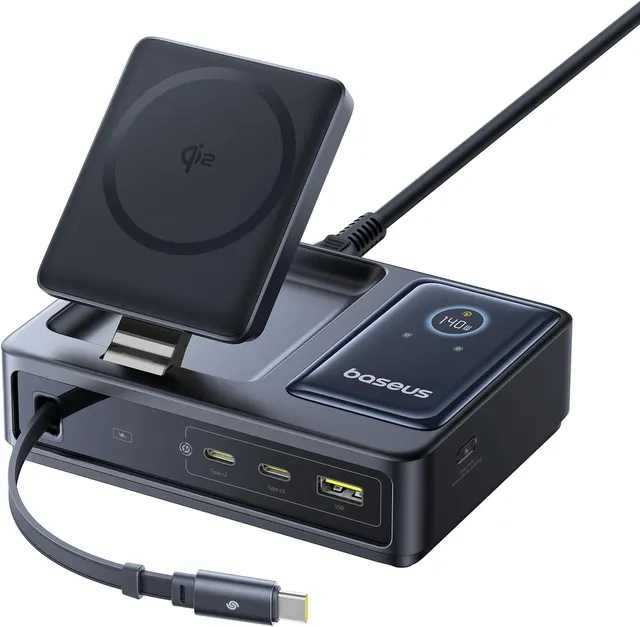 Baseus NOMOS 5in1 Desktop 140W Wired & Wireless Charger Qi2 3xUSBC+1A with LED Display UK Plug