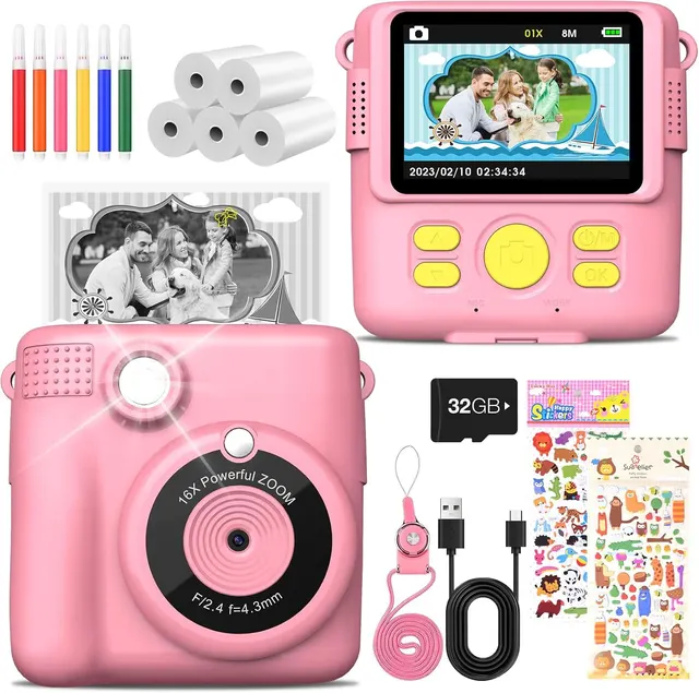 Children's Camera Instant Camera 1080P with 5 Rolls of Printing Paper, 32GB Card, Photo Camera with 6 Coloured Pens, 2 Stickers Gift for Children - Pink