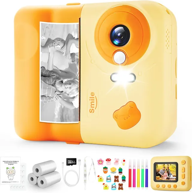Instant Camera 1080P, 2.4 Inch Children's Camera, Instant Print with 64G Card & 3 Rolls of Printing Paper, Perfect for Children 3-12 Years