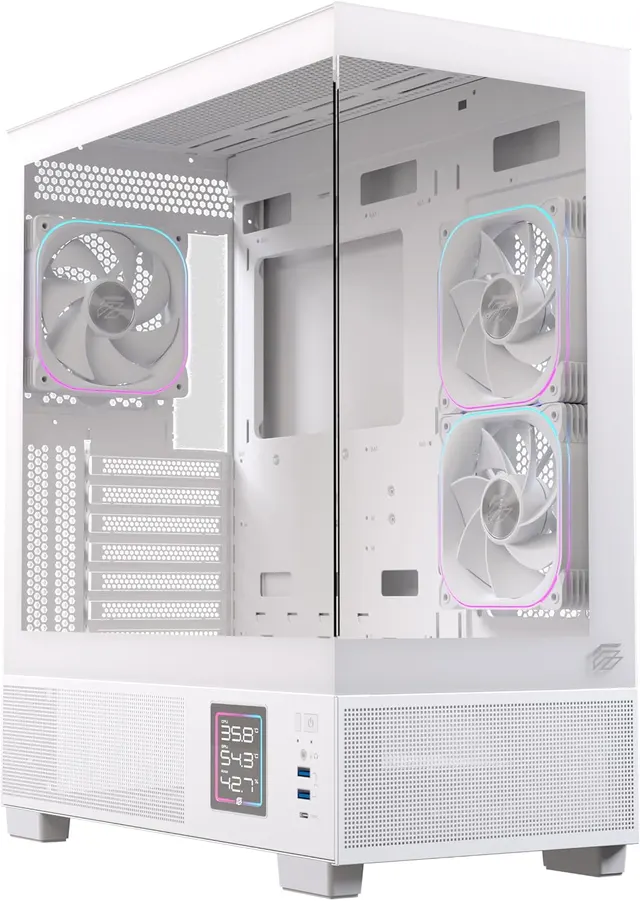 Einarex PC Case ATX S501D RGB , 3x Pre-Installed Fans , Display, White