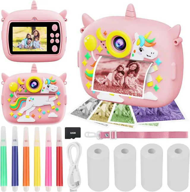 Kids Instant Camera with Printing Paper & 32G TF Card, Gift for Children 3-12 Years - Pink