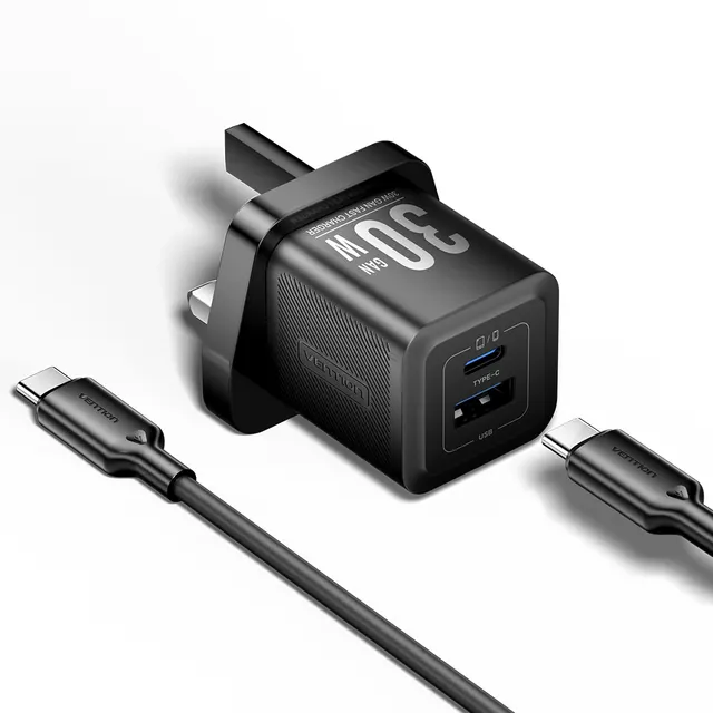 Vention Charger Wall GaN 30W 1xA 1xC+USBC Cable Black TZ-FEQB0-UK-01