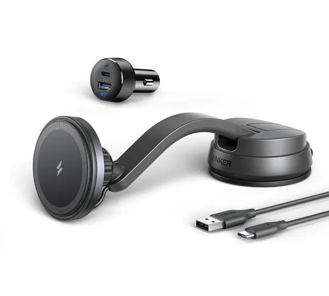 Anker PowerWave Mag-Go Car Wireless Charging Kit with 2-Port Car Charger & USB-C to USB-A 1.5m Cable