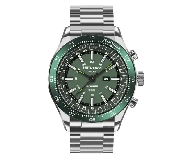 HiFuture GO PRO2 Silver Green Luxury Swiss-Inspired Elegance Stainless Steel SmartWatch with AMOLED Display, 10 Day Battery, 1ATM