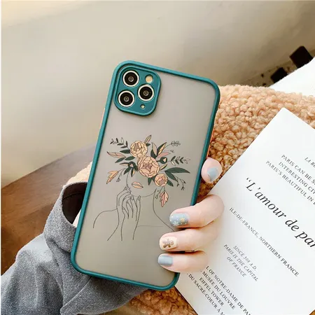 Line Art Sketch Flower Girl Protection Phone Case - iPhone 12 (Green)