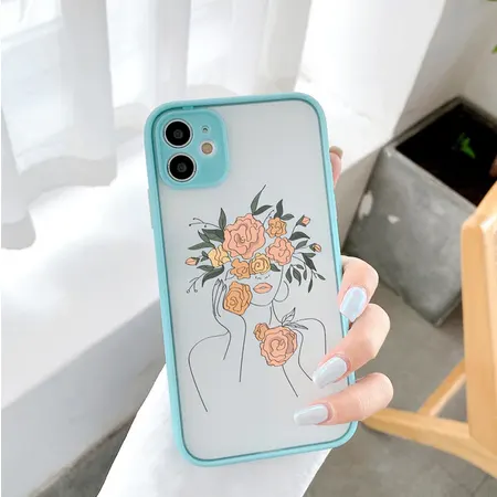 Line Art Sketch Flower Girl Protection Phone Case - iPhone 13 (Blue)