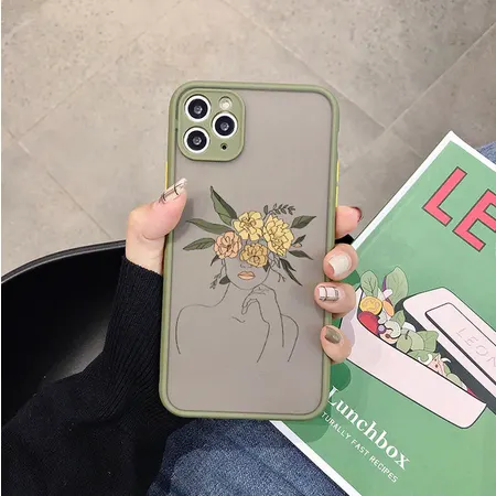 Line Art Sketch Flower Girl Protection Phone Case - iPhone 13 (Khaki)