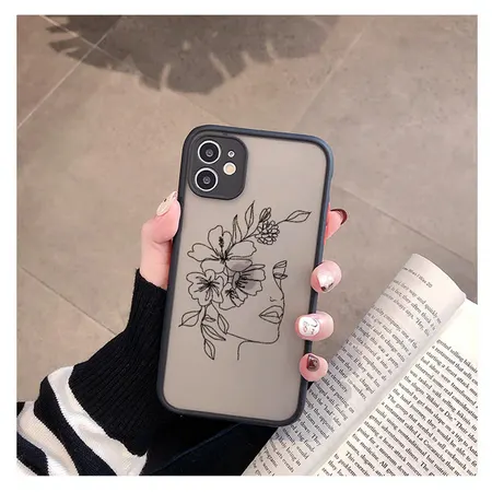 Line Art Sketch Flower Girl Protection Phone Case - iPhone 12 (Black)