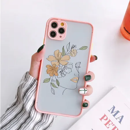 Line Art Sketch Flower Girl Protection Phone Case - iPhone 13 (Pink)