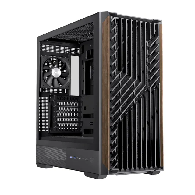 Einarex PC Case ATX P800 Core Black , Wood Front Panel, Tempered Glass Side Panel , 1 Rear Fan Pre-Installed