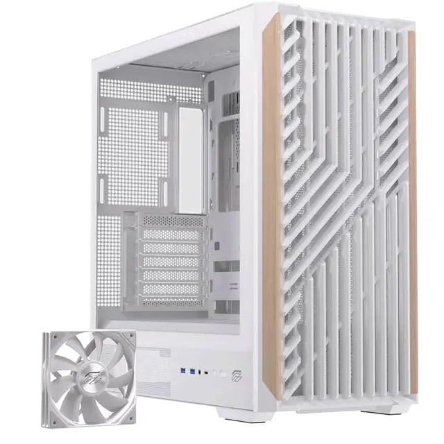 Einarex PC Case ATX P800 Core Black , Wood Front Panel, Tempered Glass Side Panel , 1 Rear Fan Pre-Installed White