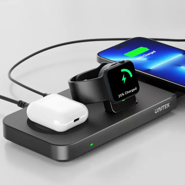 Unitek P1222B 5-in-1 MagMighty Combo 48W 3x Wireless Charging Areas 1x USB-A 1x USB-C