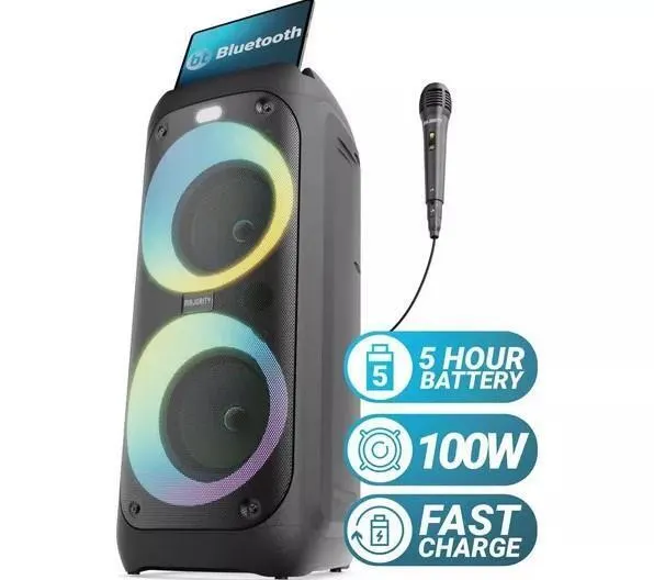 Majority Speakers Portable Karaoke P200 100W Wire Mic BT/USB/RGB UK