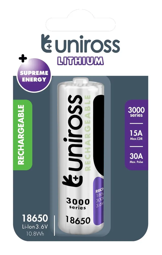 Uniross Rechargeable 18650BT Lithium Battery 3000mAh U1BT1830SP