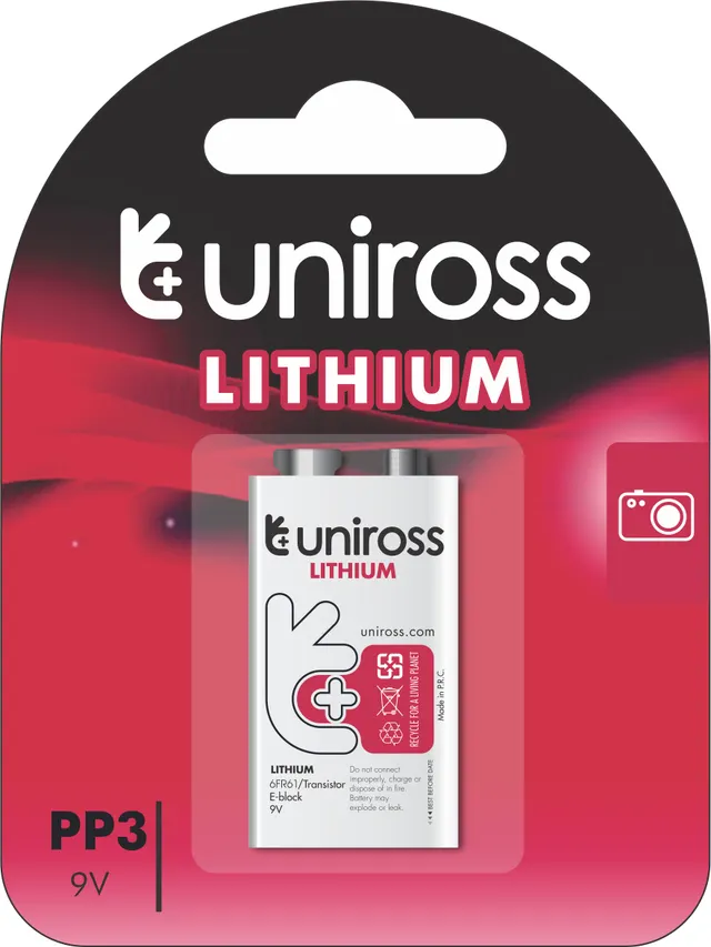 Uniross Lithium 9V Battery (PP3,6AM6,6LR61,6LF22,MN1604)