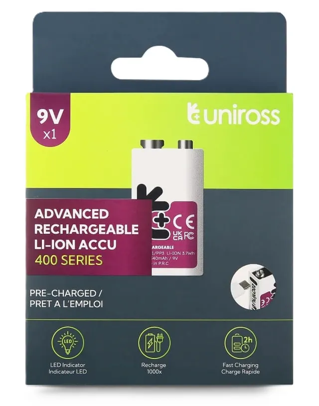 Uniross USB-C Rechargeable Lithium 9V Battery 400mah (1pc)