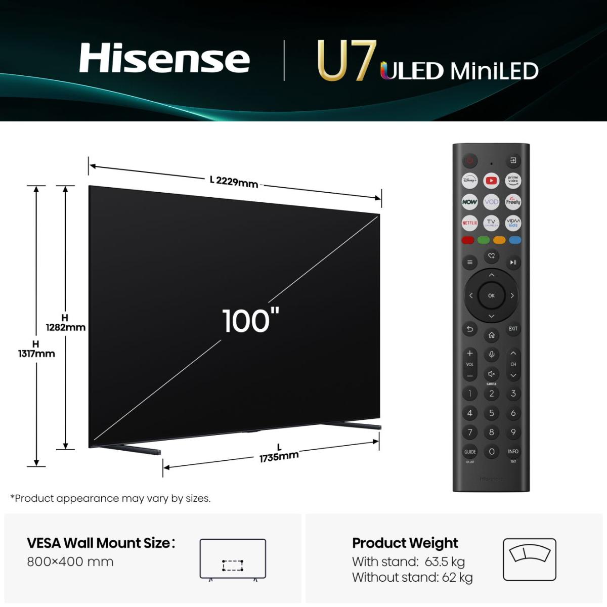 Hisense 100U7Q 100'' 4K Smart QLED MINI LED 144hz TV