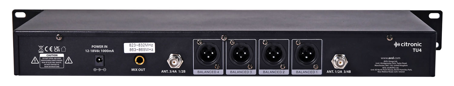 Citronic TU4-N Quad True Diversity Multi-UHF Wireless Microphone System (4 x Beltpacks) 171.044UK