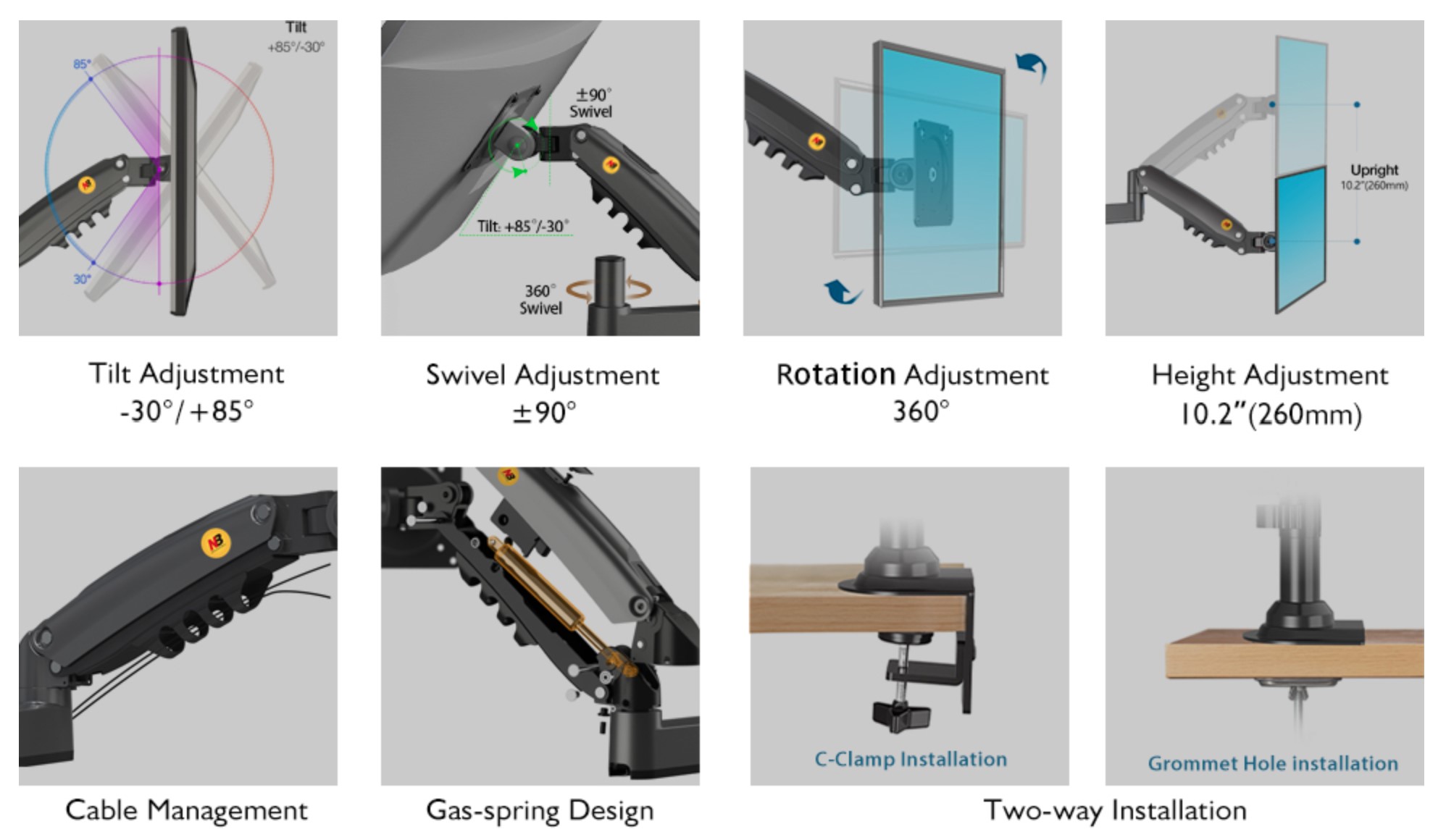 NBMounts H100 Single Arm Gas Desktop Monitor Mount (upgraded version)