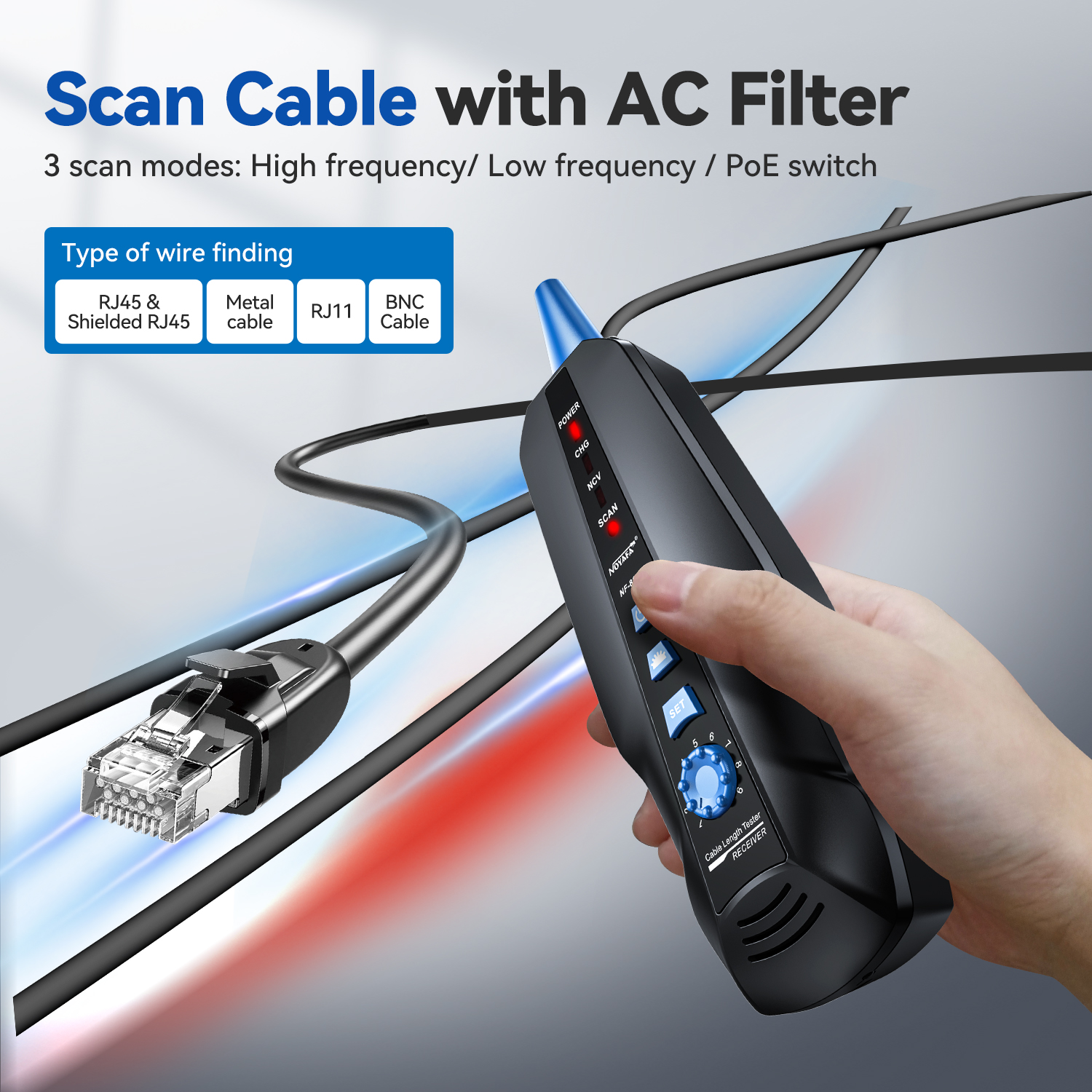 Noyafa Multi-Function Cable Tester with PoE, Ping, TDR Length Measurement, Port Flashing & NCV for RJ45, RJ11, BNC, CAT7 NF-8601S