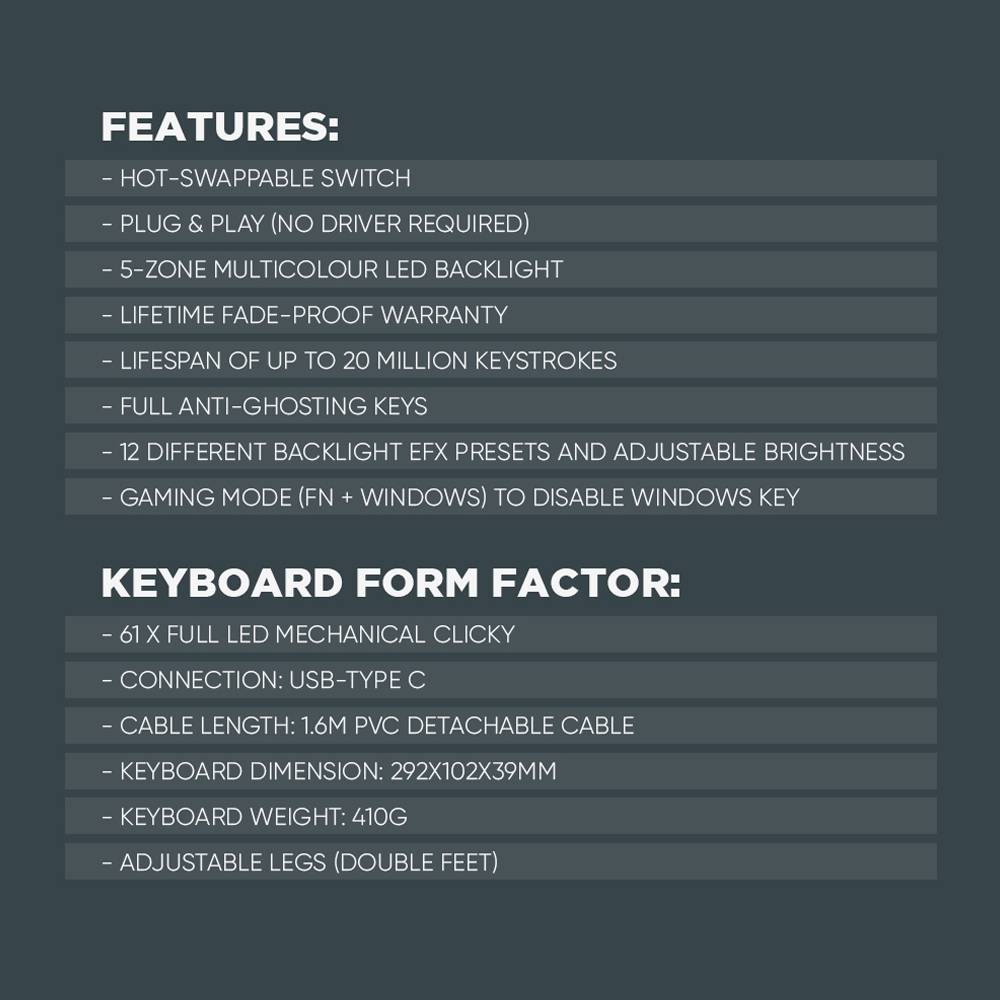 Armaggeddon MKA-1C NEX Black Mechanical Gaming Keyboard 61 Tactile (Brown) Keys