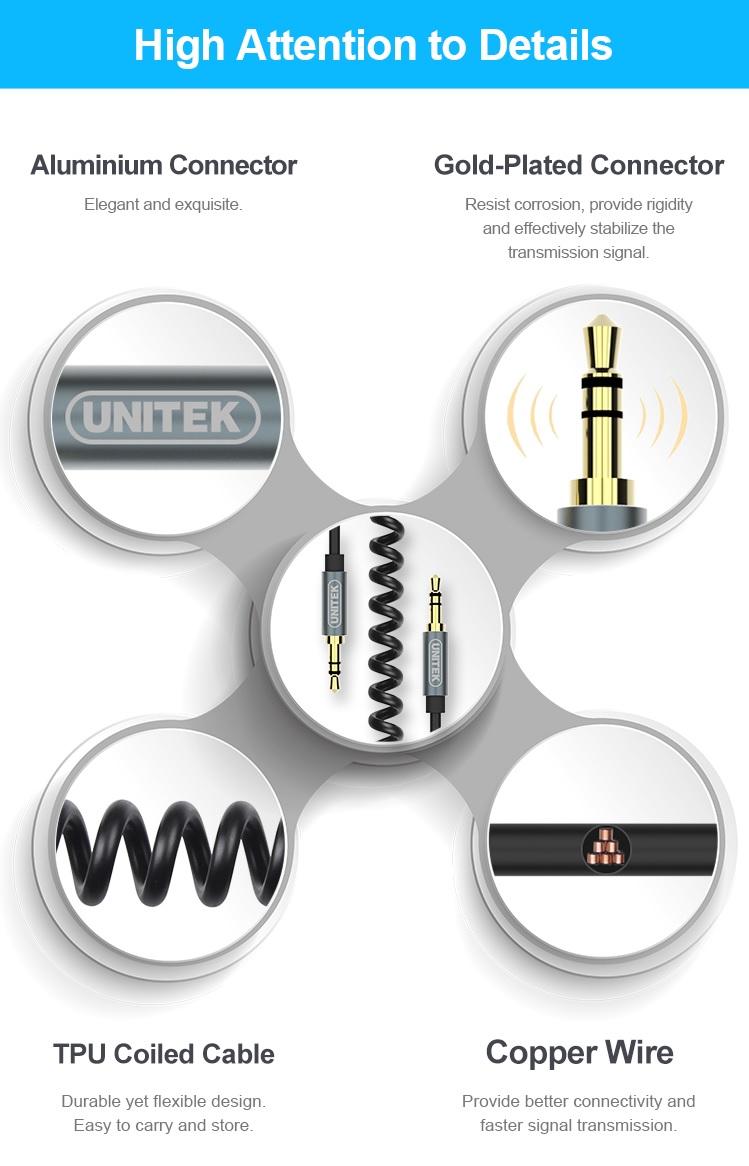 Unitek Y-C930ABK 3.5mm to 3.5mm Audio Cable 5.0m Gold Plated Black/Grey