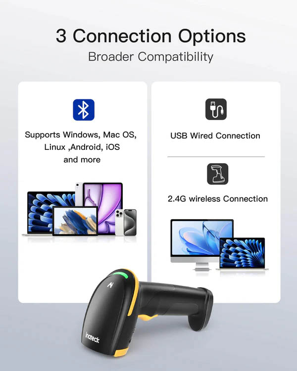 Inatech Barcode Scanner CMOS 1D/2D Wireless 2.4GHz/Bluetooth USB-A 2600mAh Charging Base AI BCST-36 Black