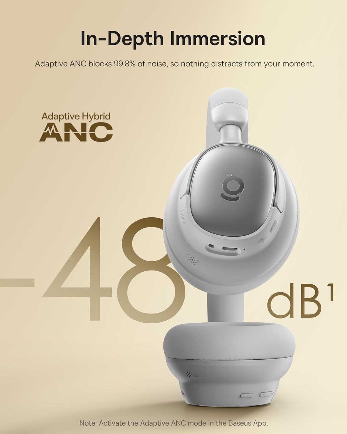 Baseus Headphones Over Ear ANC, LDAC, Spatial Acoustics, 80-Hour Battery, MH1 Frosted Gray
