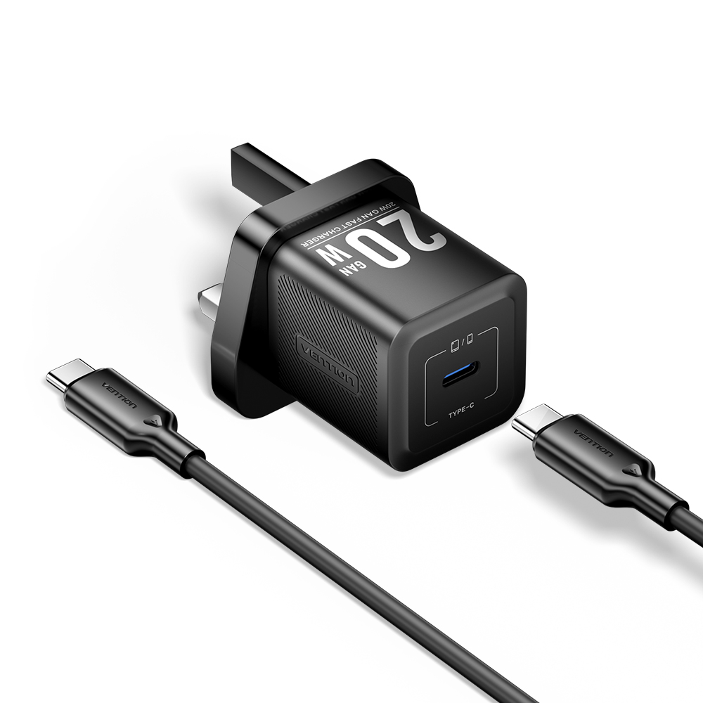 Vention Charger Wall GaN 20W 1xUSBC UK + USB-C 1m Cable Black FEPB0-UK-01