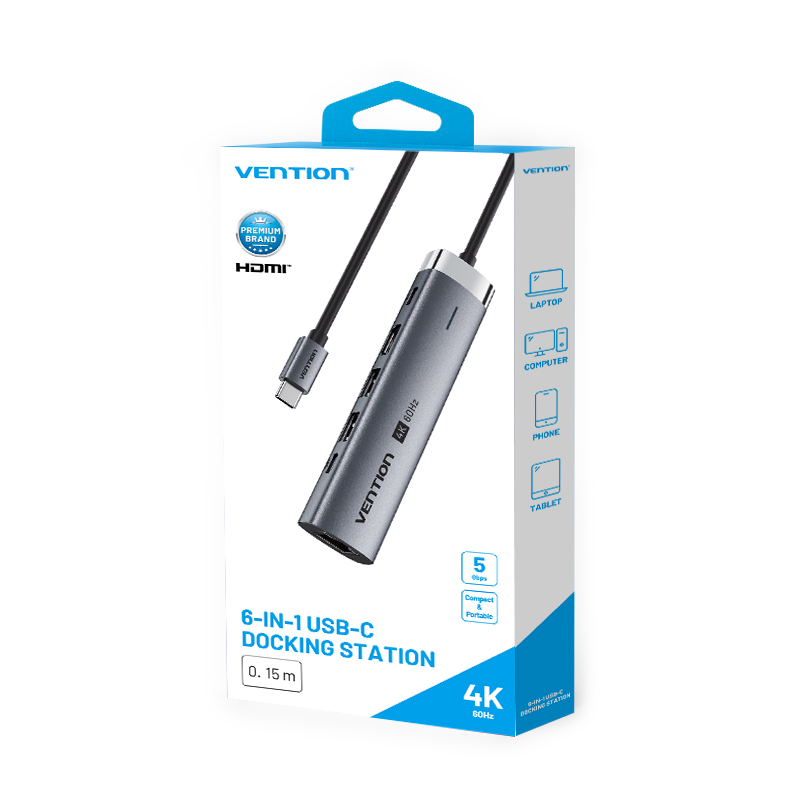 Vention HUB USB-C 1xUSB-C 3.2/2xUSB3.0/HDMI 4K60Hz/Gb/PD TGNHB