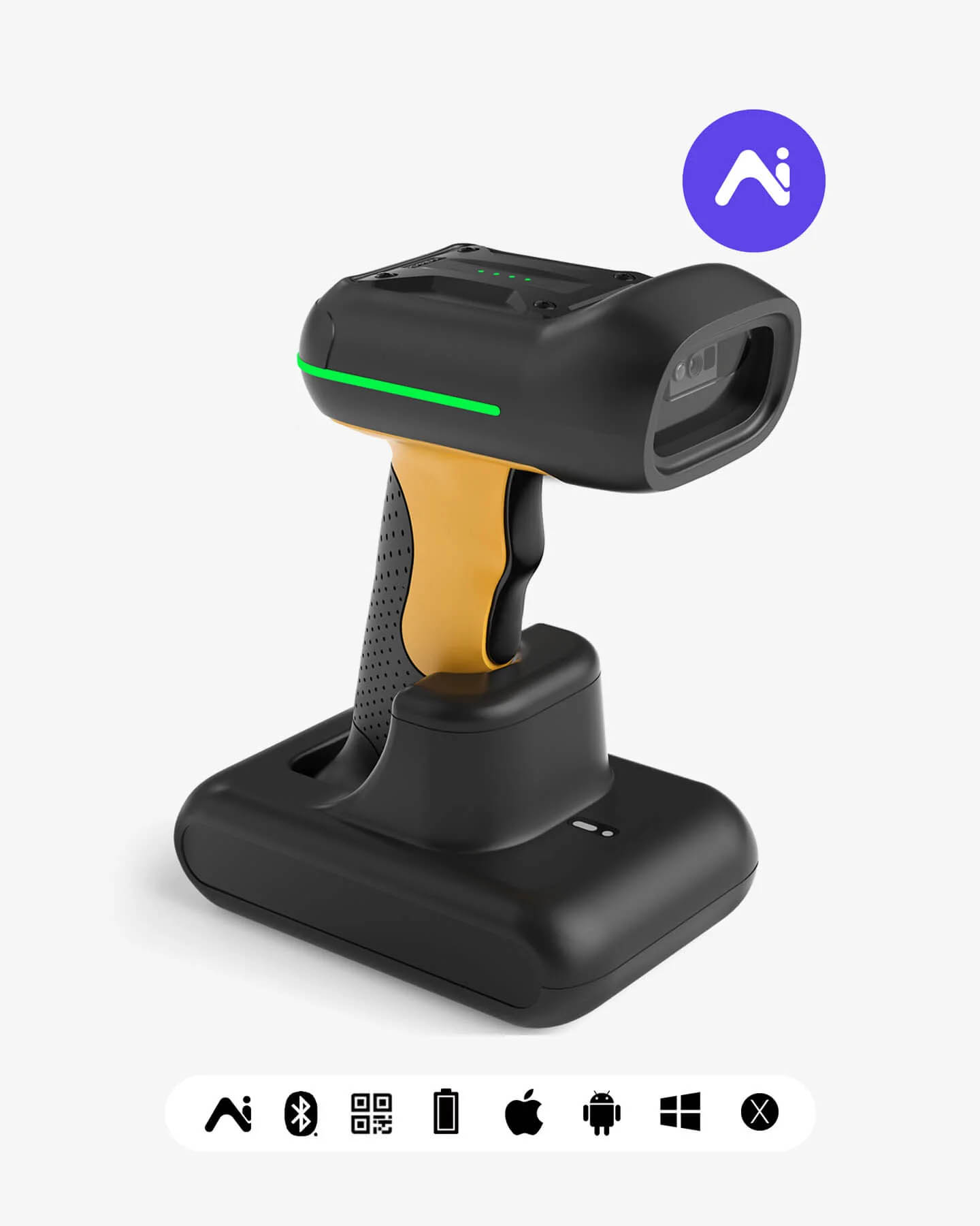 Inatech Barcode Scanner 1D/2D Wireless 2.4GHz/Bluetooth USB-A 2600mAh Smart Charging Base AI Industrial BCST-75S Black