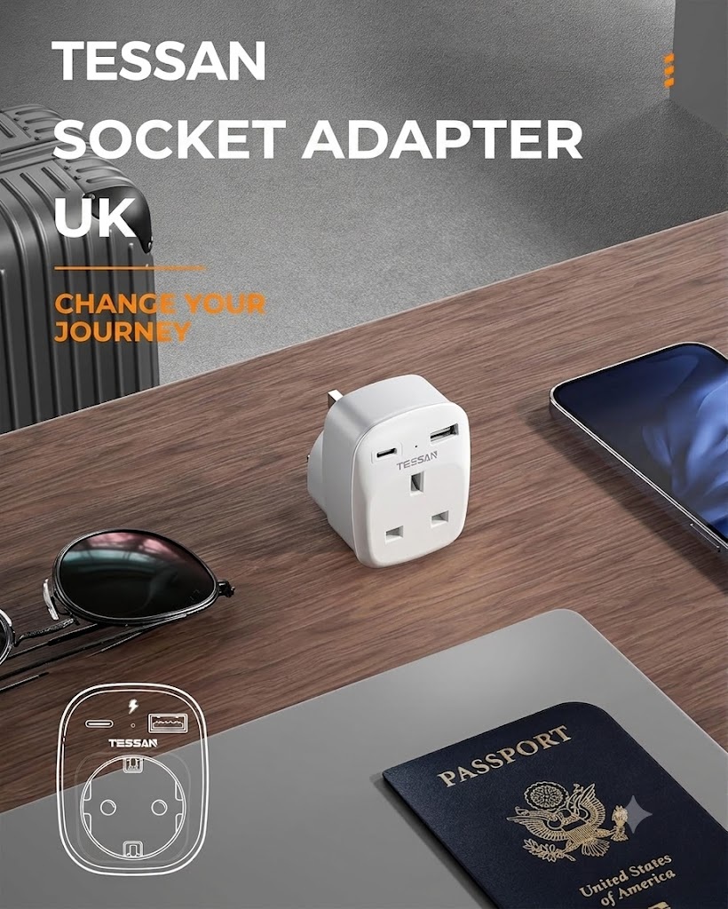 Tessan AC Plug Through 1-Gang 13A Schuko to UK Adaptor & 2xUSBA 12W TS-611-UK