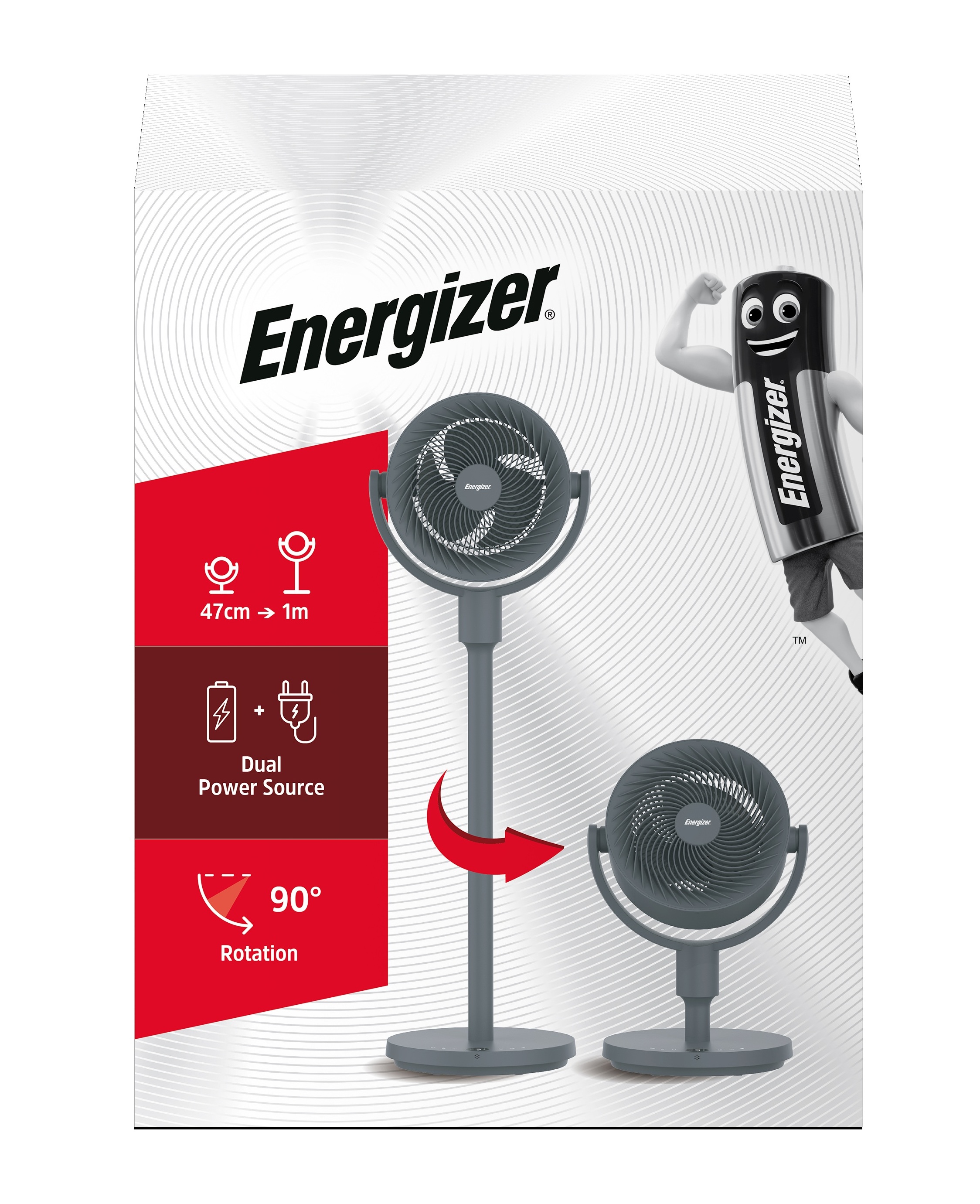 Energizer F609R Floor & Table Fan 9'' Extendable up to 1m Quiet, Rotatable & USB Rechargeable