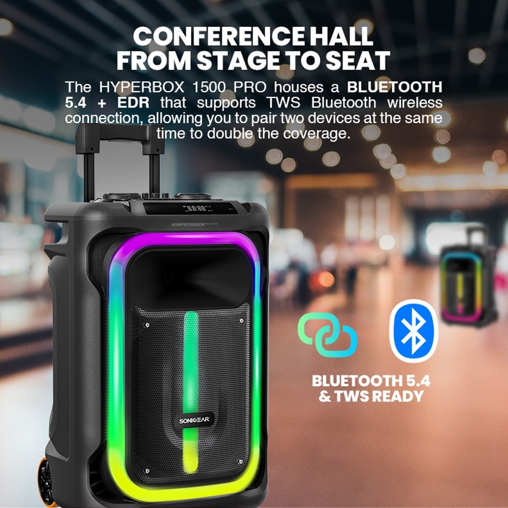 SonicGear HYPERBOX 1500 Pro 15'' Portable Karaoke Speaker 240W BT/USB 2x Wireless Mics