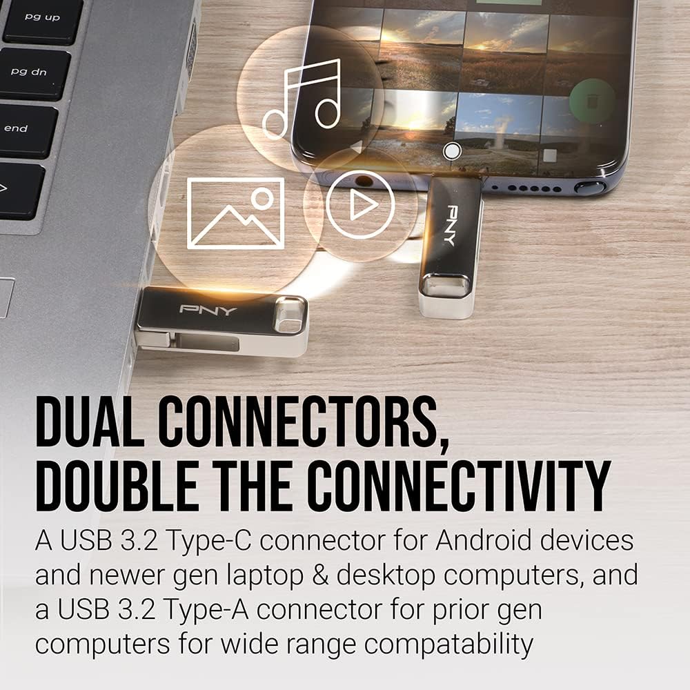 PNY Flash Drive Duo Link USB 3.2 Dual Connector OTG Capless Swivel 256GB Black FDI256DULINKTYC