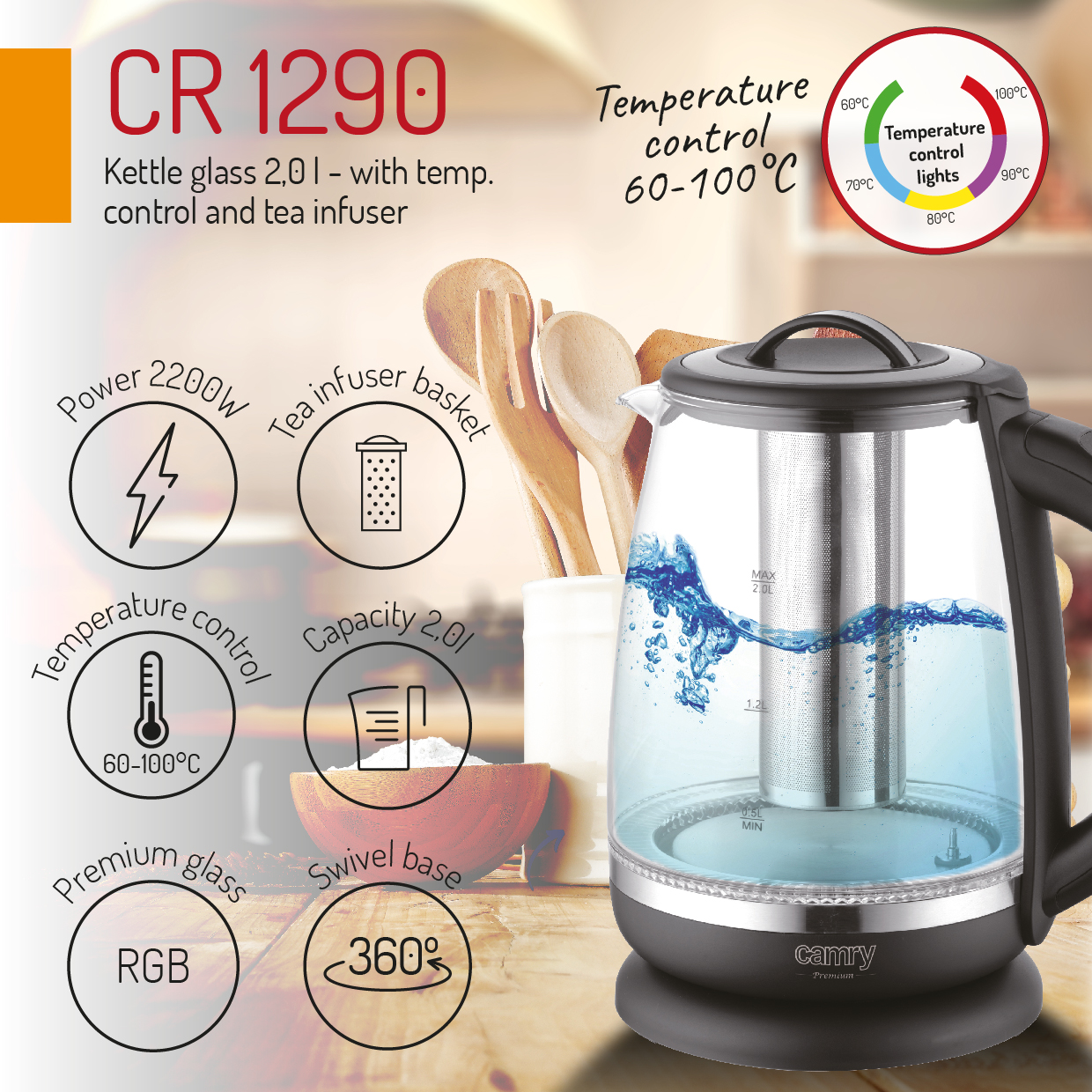 Camry CR1290 Glass Kettle 2.0L with Tea Infuser 2200W